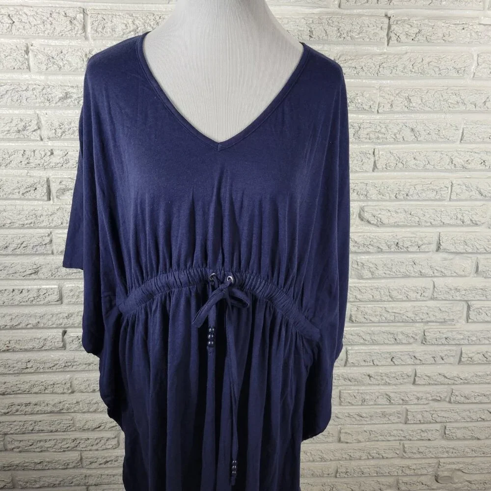 Swim 365 1X Womens Blue Kimono Sleeve Swimsuit Coverup Cotton Drawstring BLU19E